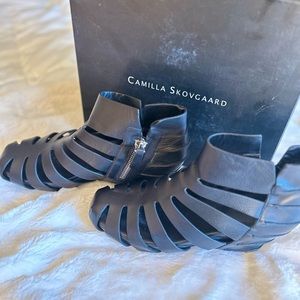 Camilla Skovgaard Black Genuine Leather Cage Lune Low Wedge Calf Boots Size 10US